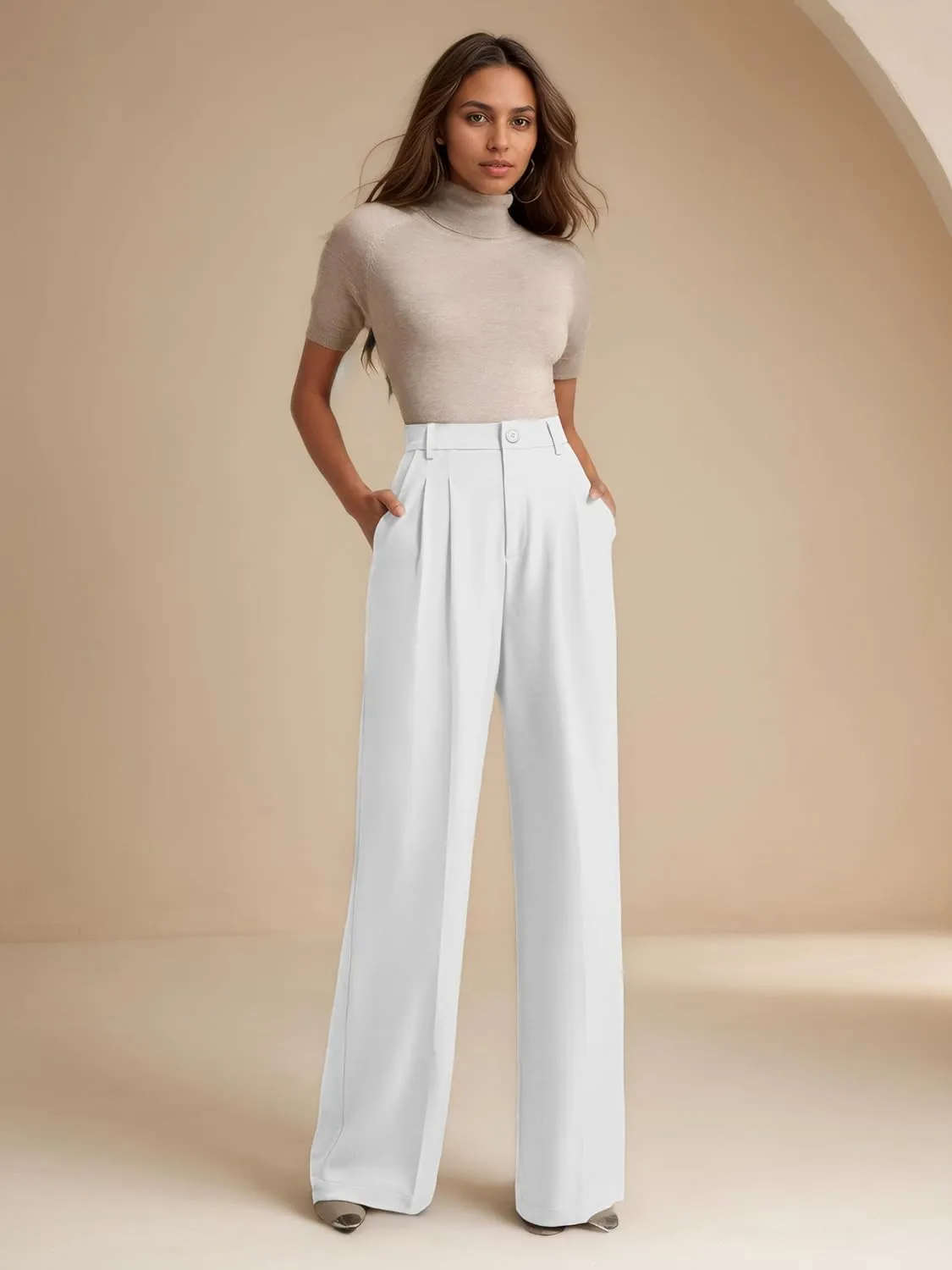 ELLEVEN Women's Casual Wide Leg Dress-Pants, High Elastic Waisted in The Back Business Flowy Trousers with Pockets