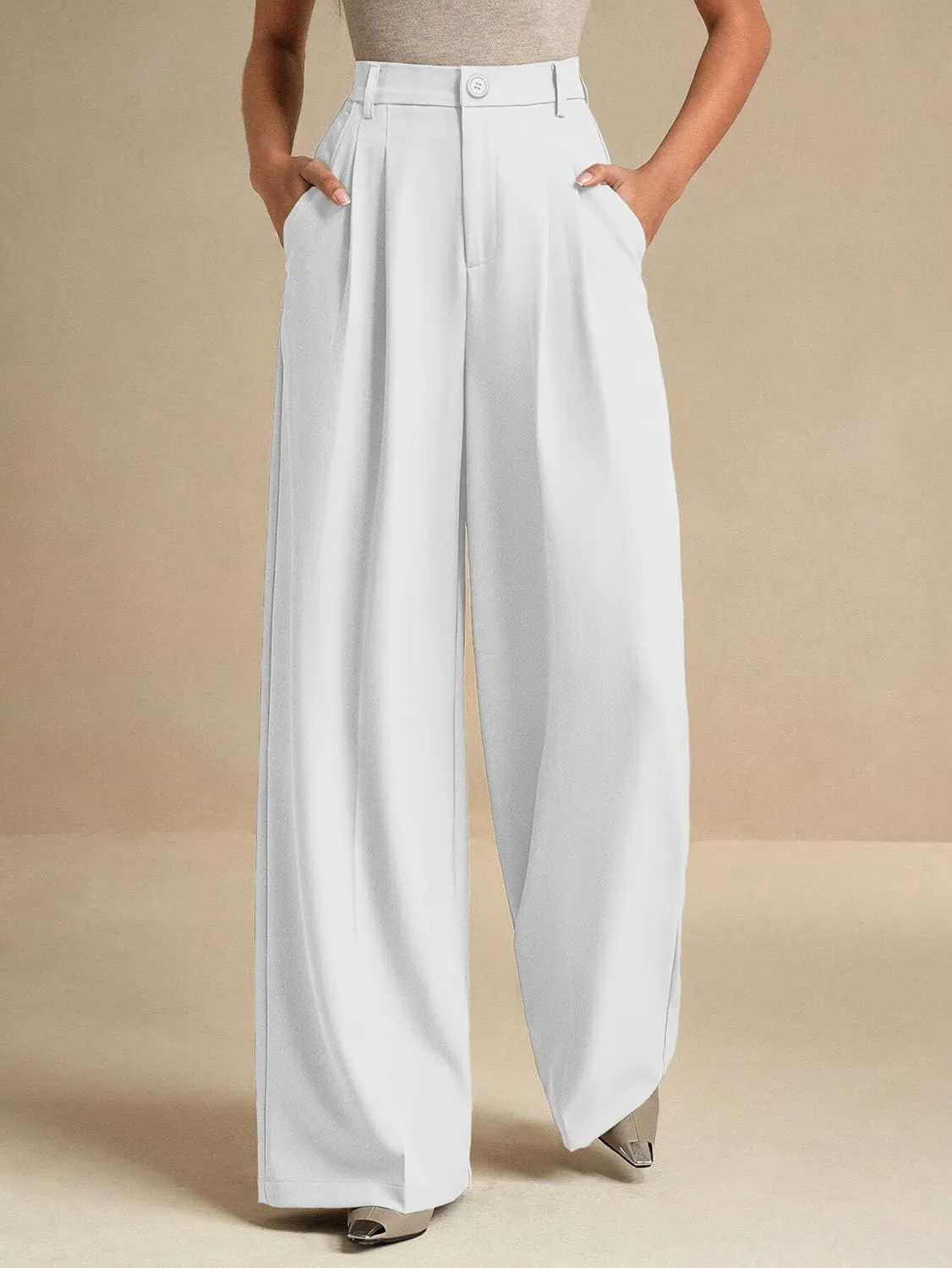 ELLEVEN Women's Casual Wide Leg Dress-Pants, High Elastic Waisted in The Back Business Flowy Trousers with Pockets