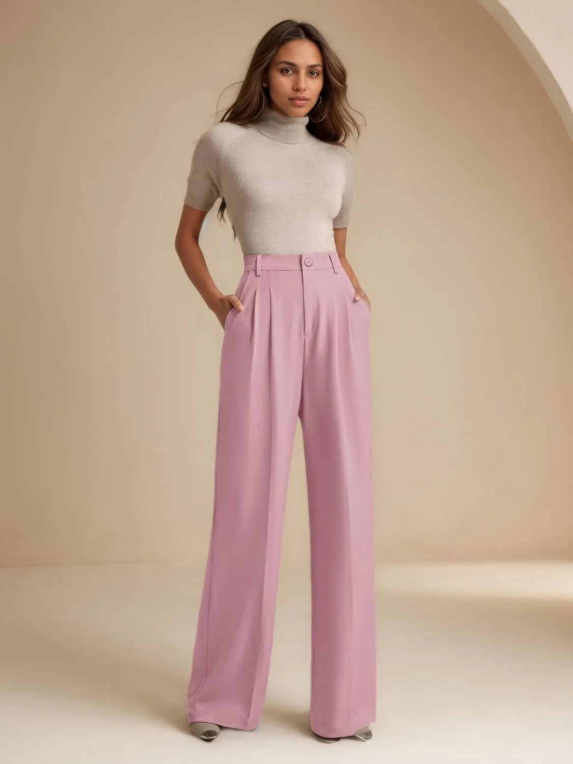 ELLEVEN Women's Casual Wide Leg Dress-Pants, High Elastic Waisted in The Back Business Flowy Trousers with Pockets
