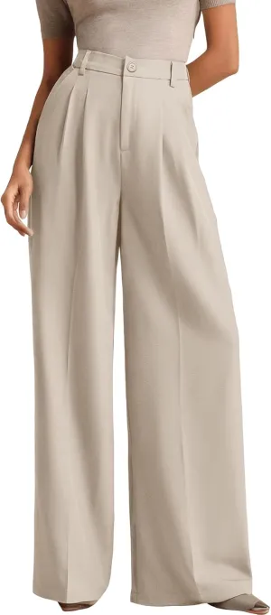 ELLEVEN Women's Casual Wide Leg Dress-Pants, High Elastic Waisted in The Back Business Flowy Trousers with Pockets