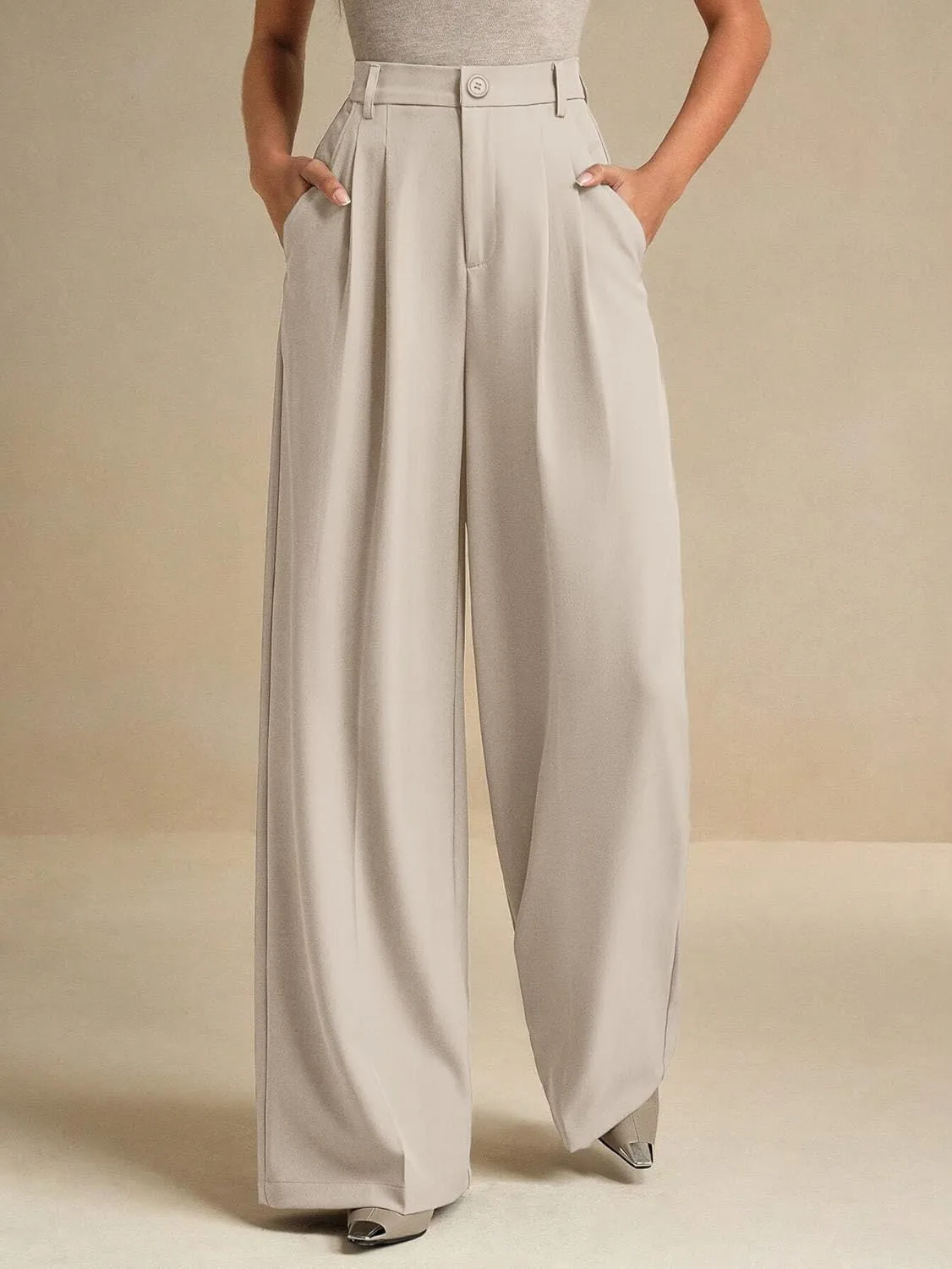ELLEVEN Women's Casual Wide Leg Dress-Pants, High Elastic Waisted in The Back Business Flowy Trousers with Pockets