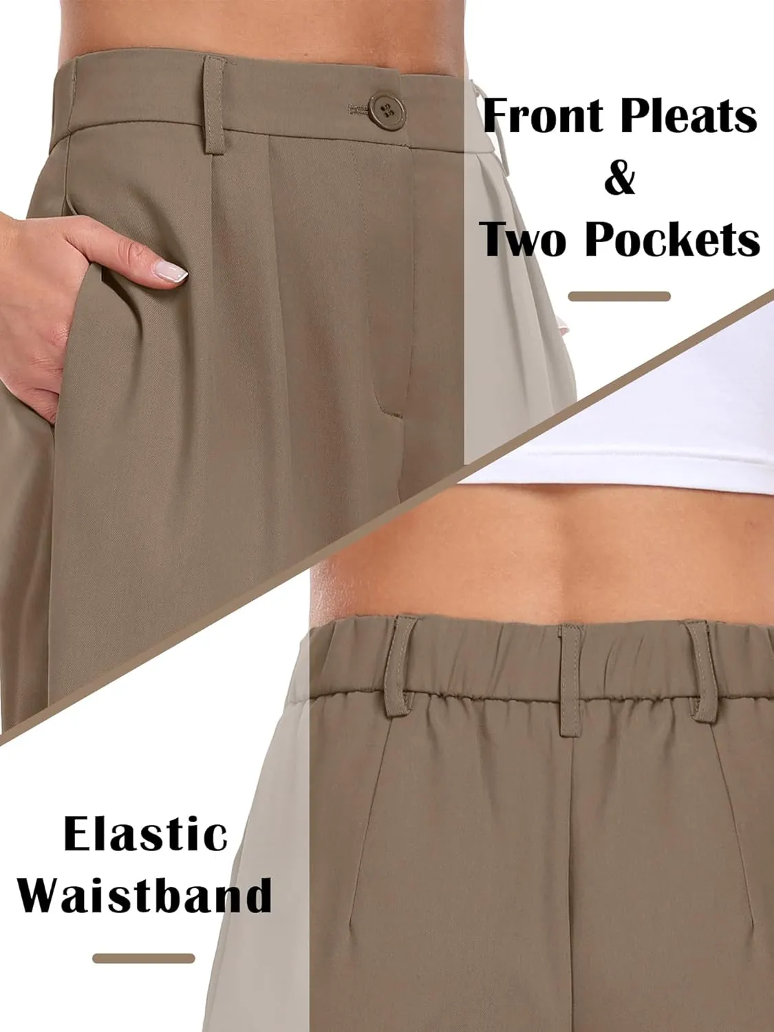 ELLEVEN Women's Casual Wide Leg Dress-Pants, High Elastic Waisted in The Back Business Flowy Trousers with Pockets