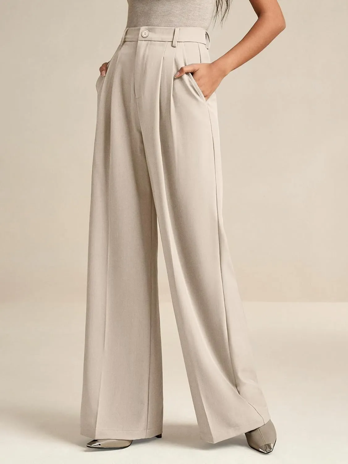 ELLEVEN Women's Casual Wide Leg Dress-Pants, High Elastic Waisted in The Back Business Flowy Trousers with Pockets
