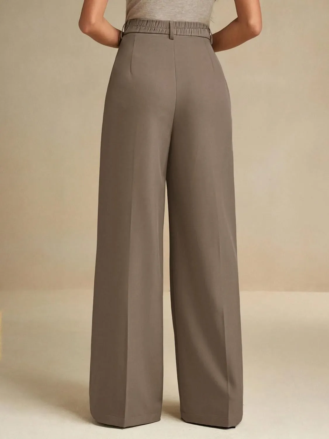 ELLEVEN Women's Casual Wide Leg Dress-Pants, High Elastic Waisted in The Back Business Flowy Trousers with Pockets