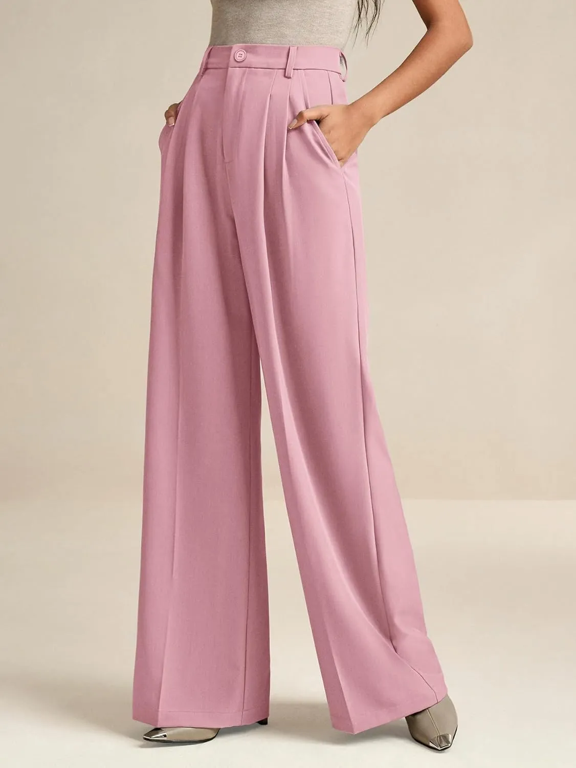 ELLEVEN Women's Casual Wide Leg Dress-Pants, High Elastic Waisted in The Back Business Flowy Trousers with Pockets