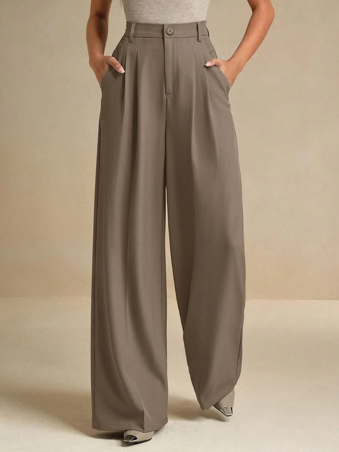 ELLEVEN Women's Casual Wide Leg Dress-Pants, High Elastic Waisted in The Back Business Flowy Trousers with Pockets