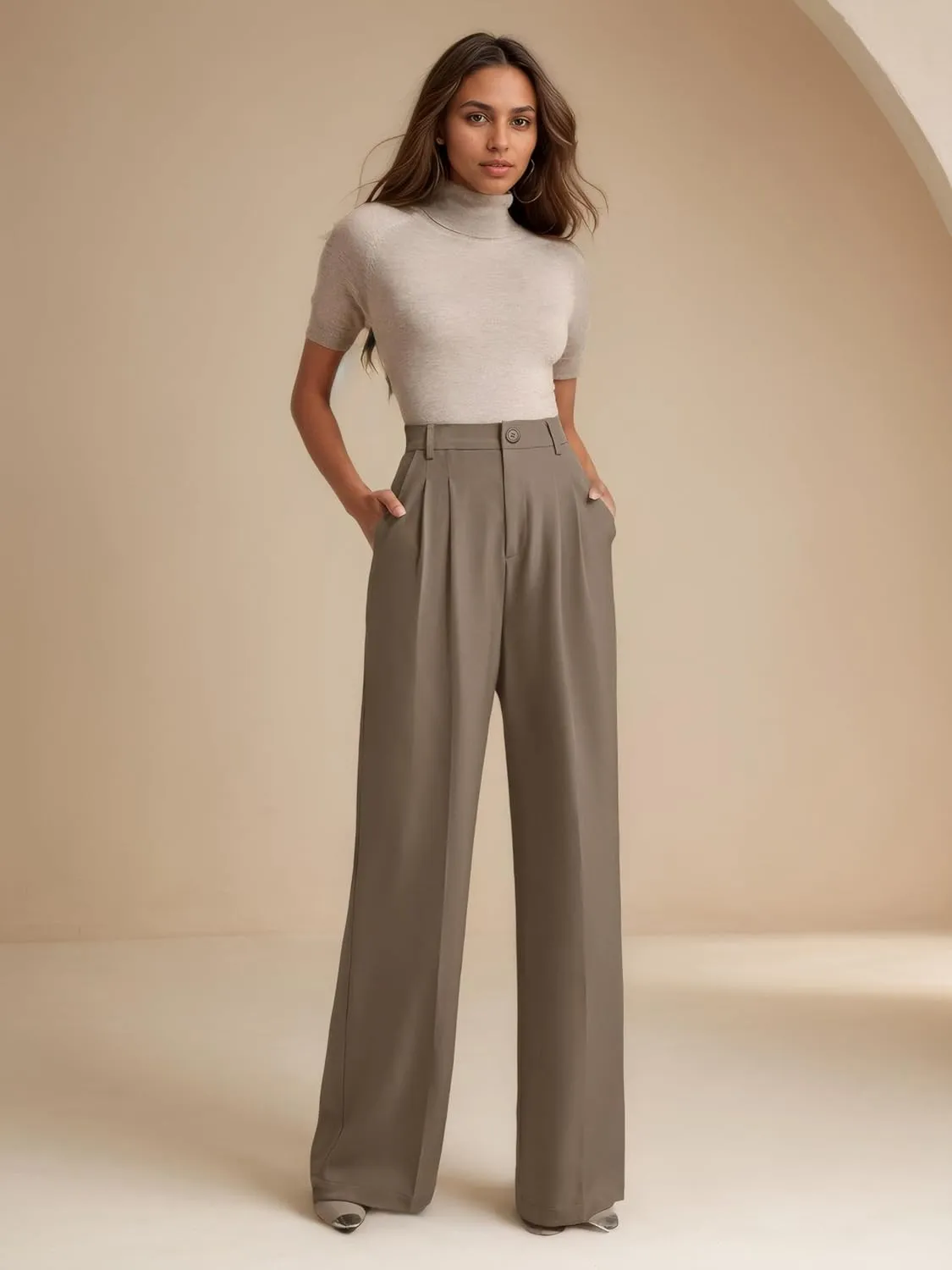 ELLEVEN Women's Casual Wide Leg Dress-Pants, High Elastic Waisted in The Back Business Flowy Trousers with Pockets