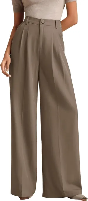 ELLEVEN Women's Casual Wide Leg Dress-Pants, High Elastic Waisted in The Back Business Flowy Trousers with Pockets