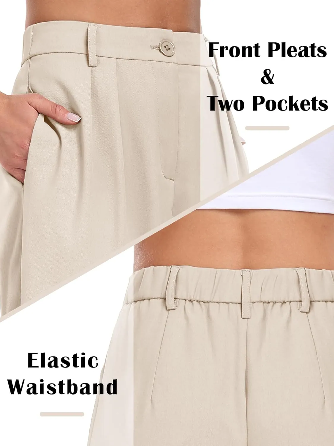 ELLEVEN Women's Casual Wide Leg Dress-Pants, High Elastic Waisted in The Back Business Flowy Trousers with Pockets