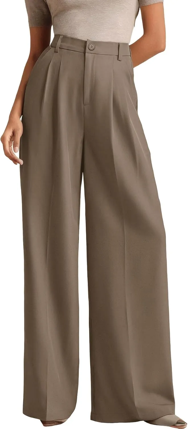 ELLEVEN Women's Casual Wide Leg Dress-Pants, High Elastic Waisted in The Back Business Flowy Trousers with Pockets
