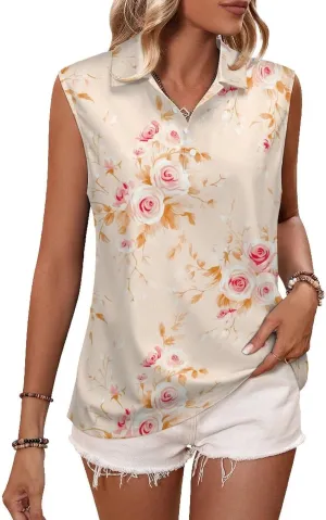 ENLACHIC Women's Golf Shirts Sleeveless Floral Printed Collar V Neck Tank Tops Quick Dry Athletic Tennis Polo Shirt