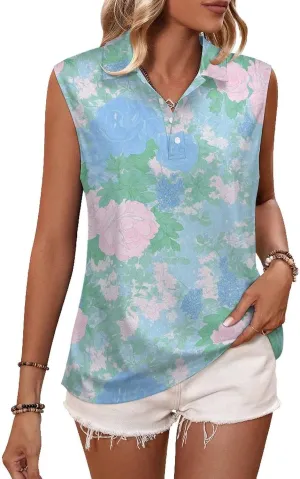 ENLACHIC Women's Golf Shirts Sleeveless Floral Printed Collar V Neck Tank Tops Quick Dry Athletic Tennis Polo Shirt