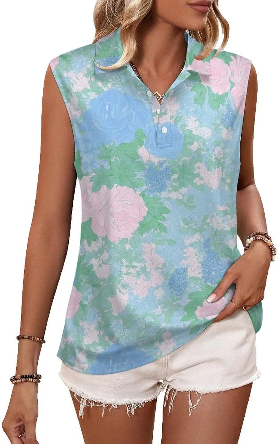 ENLACHIC Women's Golf Shirts Sleeveless Floral Printed Collar V Neck Tank Tops Quick Dry Athletic Tennis Polo Shirt