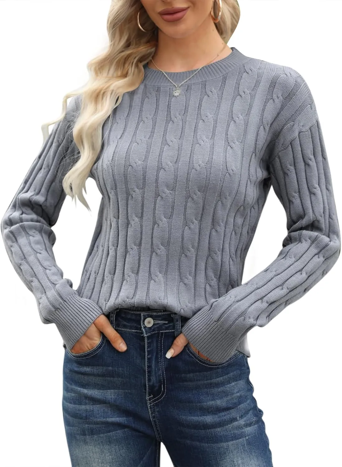 Esobo Women's Classic-fit Lightweight Cable Long Sleeve Mockneck Loose Casual Sweater Jumpers