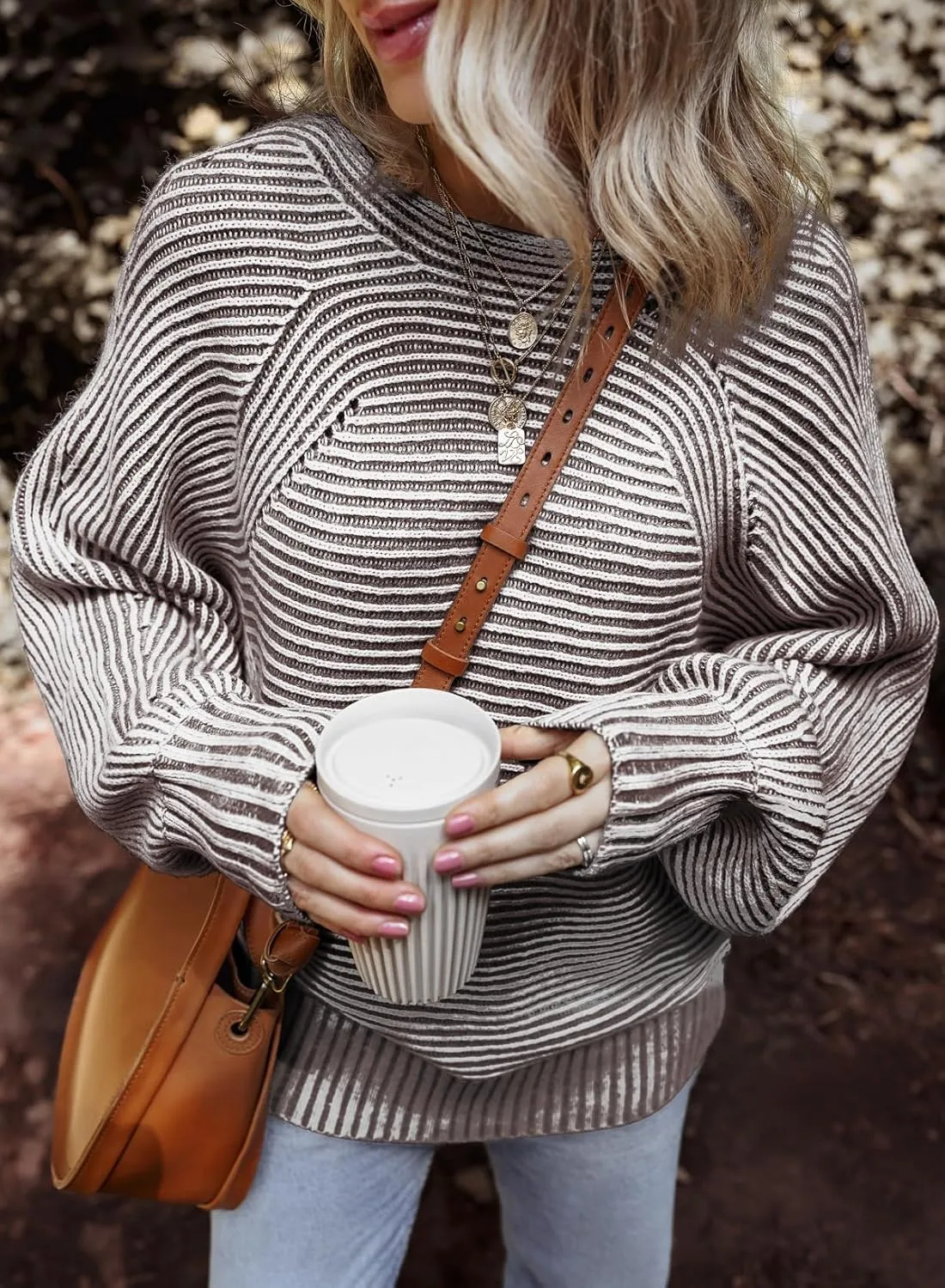 EVALESS Striped Sweaters for Women Boat Neck Batwing Sleeve Oversized Pullover Sweater Tops Womens Fall Clothes Outfits