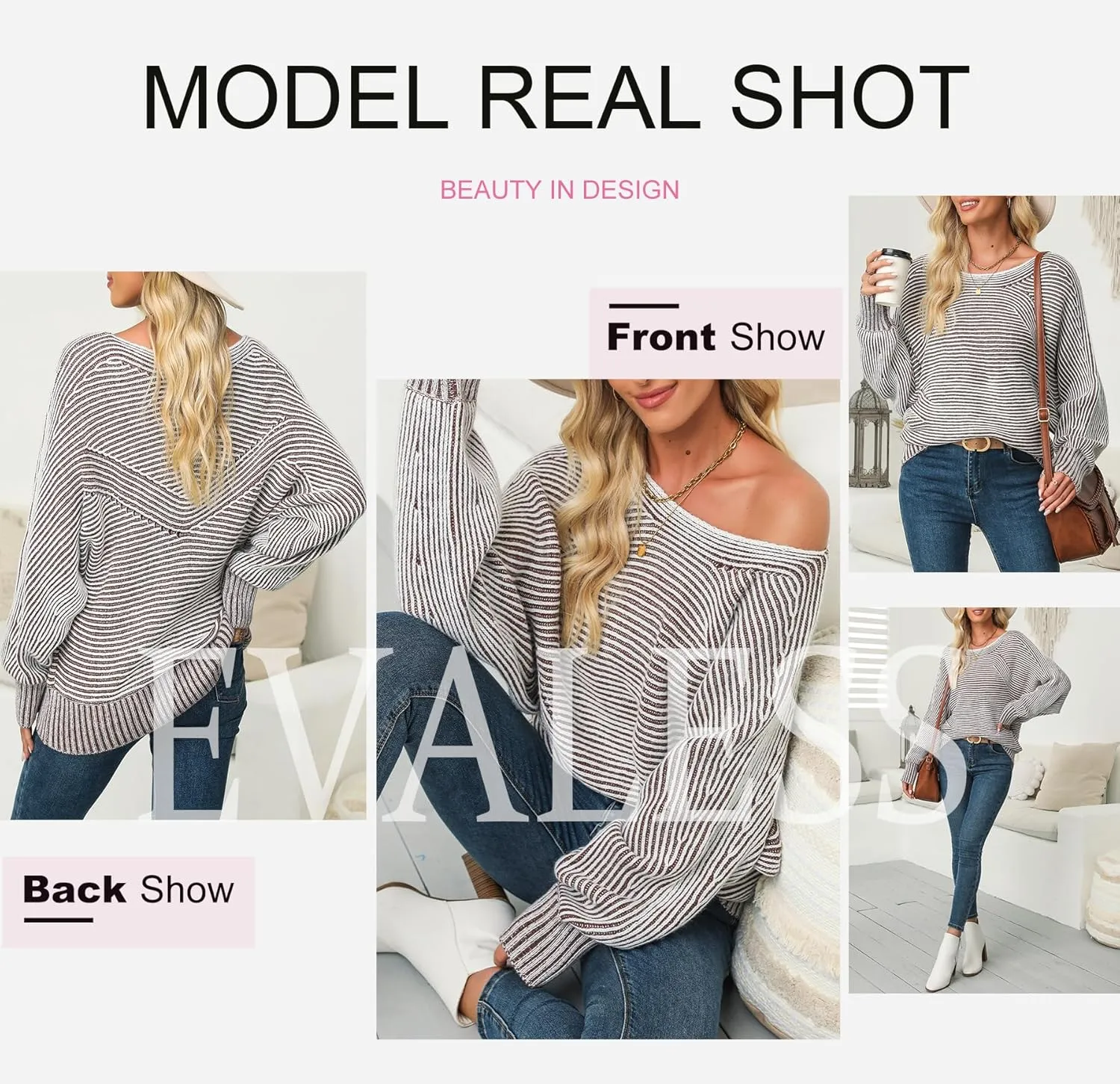 EVALESS Striped Sweaters for Women Boat Neck Batwing Sleeve Oversized Pullover Sweater Tops Womens Fall Clothes Outfits