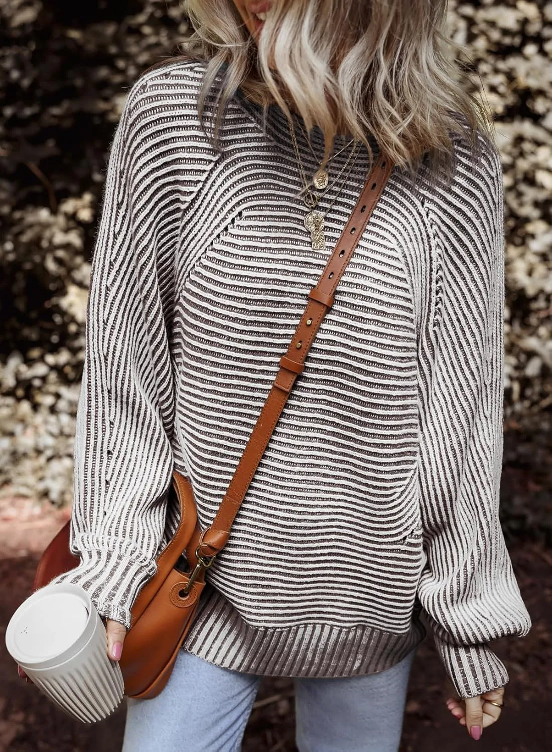 EVALESS Striped Sweaters for Women Boat Neck Batwing Sleeve Oversized Pullover Sweater Tops Womens Fall Clothes Outfits