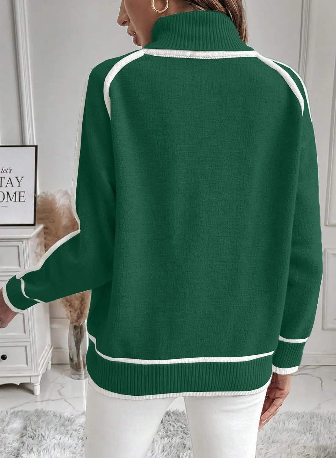 EVALESS Womens Long Sleeve Turtleneck Pullover Sweaters Casual Loose Color Block Cozy Knit Tops