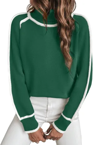 EVALESS Womens Long Sleeve Turtleneck Pullover Sweaters Casual Loose Color Block Cozy Knit Tops