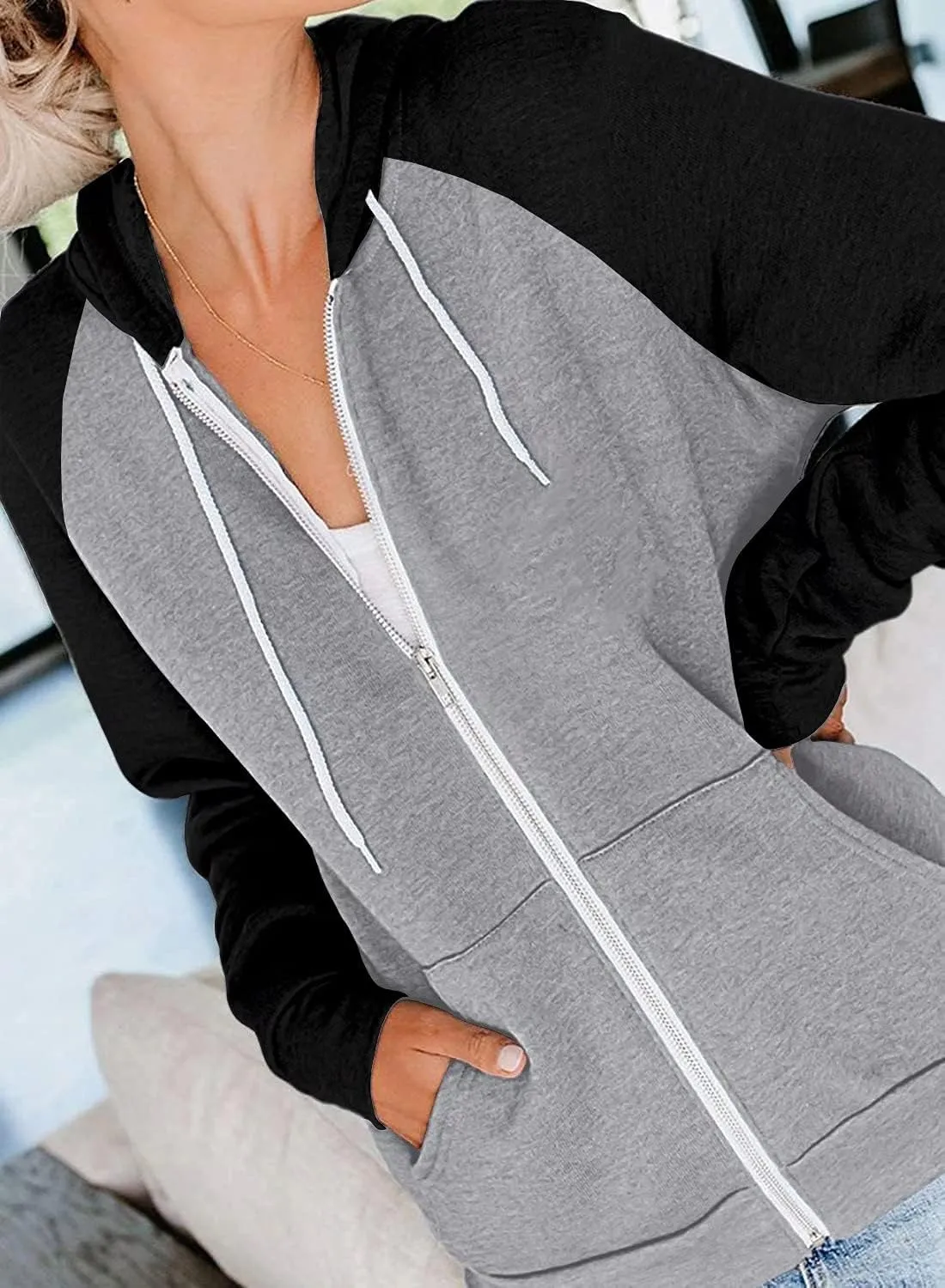Ezbelle Women's Color Block Zip Up Hoodie Sweatshirt Casual Long Sleeve Jacket Sweater with Pockets
