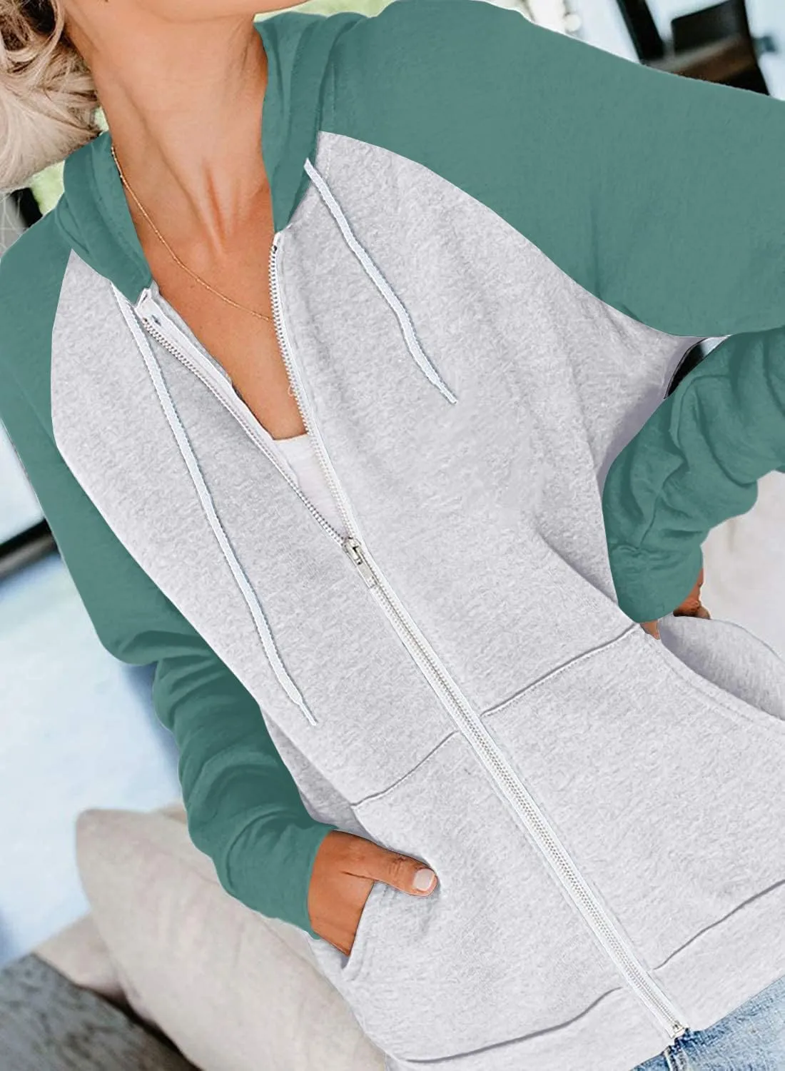 Ezbelle Women's Color Block Zip Up Hoodie Sweatshirt Casual Long Sleeve Jacket Sweater with Pockets