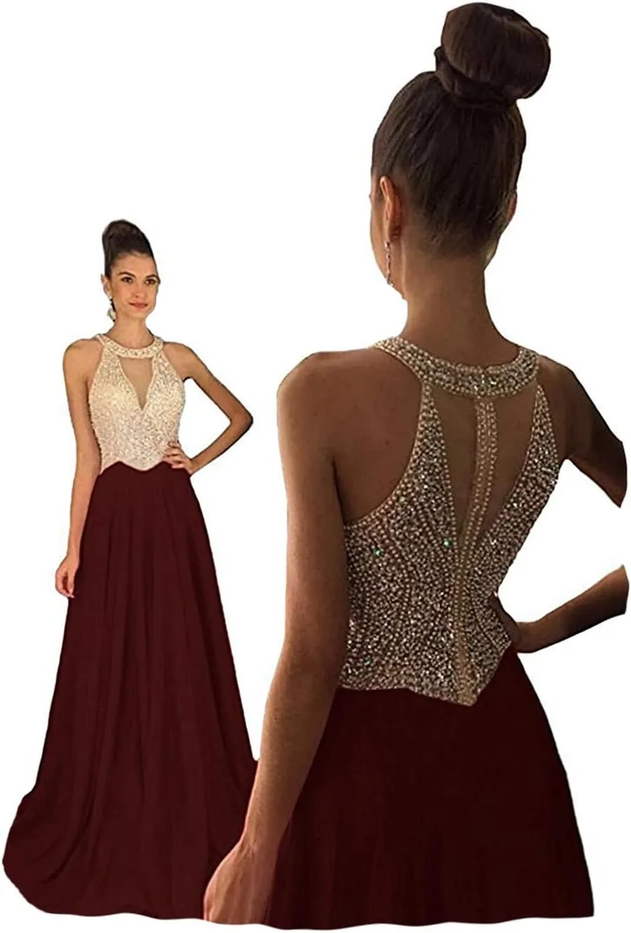 Fanciest Women's Crystal Beaded Prom Dresses 2024 Long Chiffon Long Evening Gowns Formal