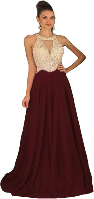 Fanciest Women's Crystal Beaded Prom Dresses 2024 Long Chiffon Long Evening Gowns Formal