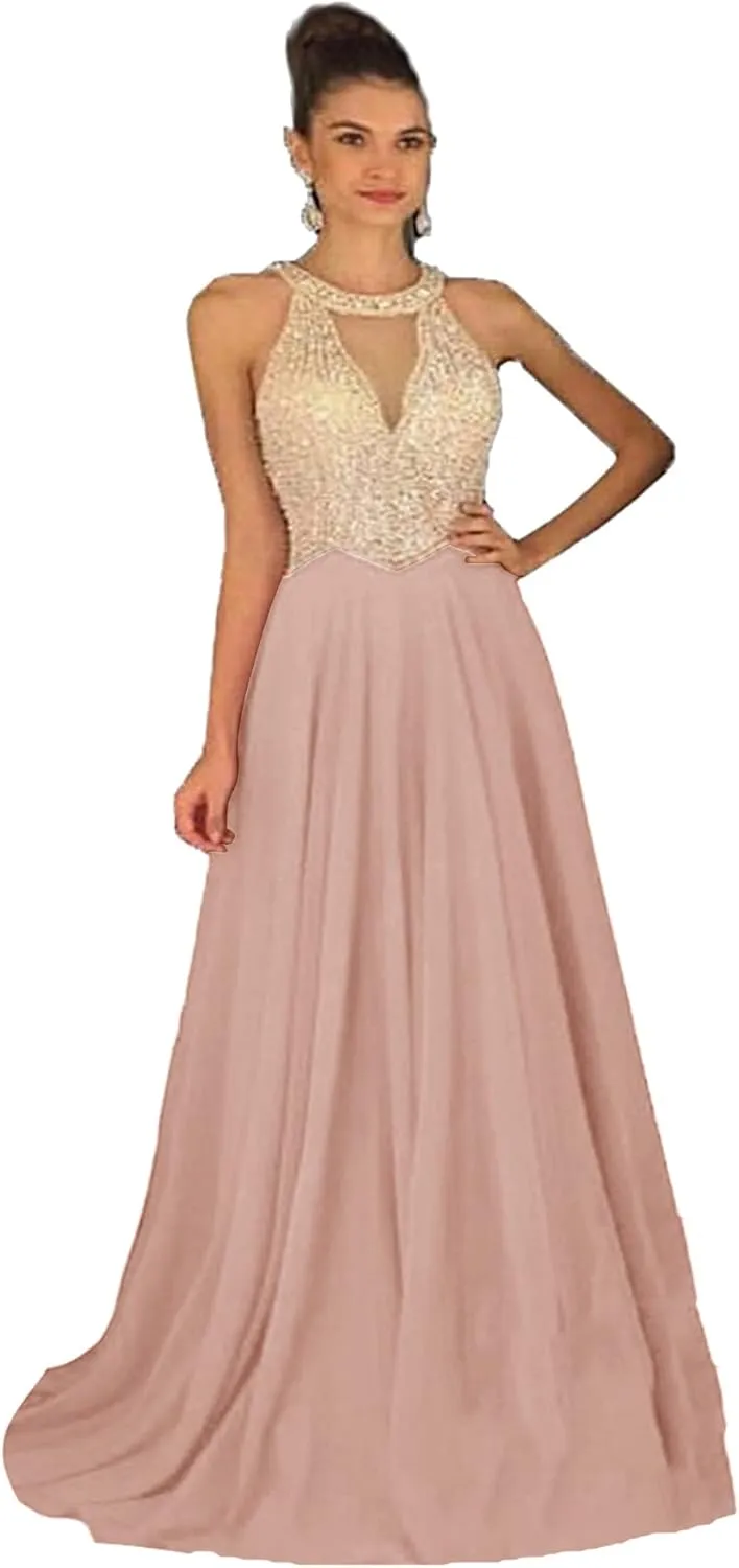Fanciest Women's Crystal Beaded Prom Dresses 2024 Long Chiffon Long Evening Gowns Formal