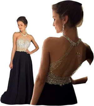 Fanciest Women's Crystal Beaded Prom Dresses 2024 Long Chiffon Long Evening Gowns Formal