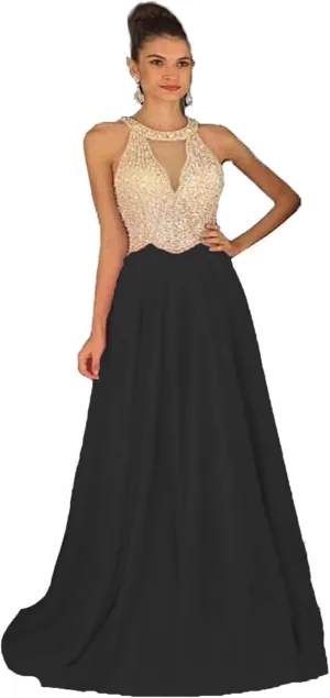 Fanciest Women's Crystal Beaded Prom Dresses 2024 Long Chiffon Long Evening Gowns Formal
