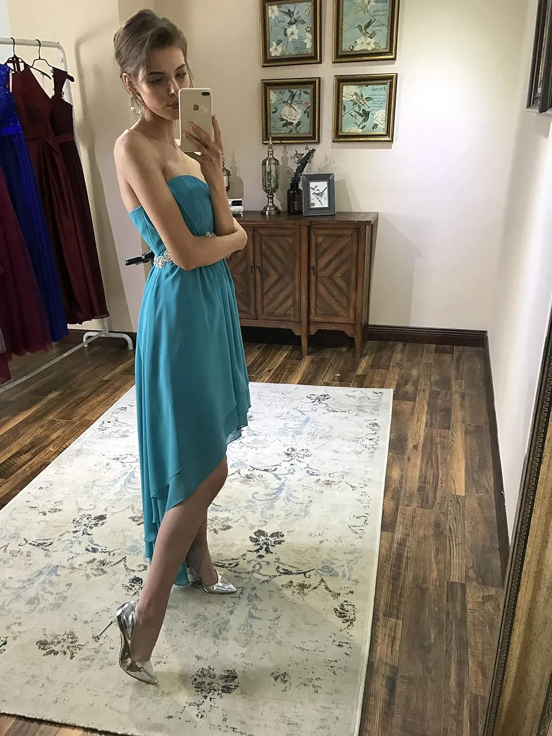 Fanciest Women's Strapless High Low Bridesmaid Dresses Wedding Party Gowns Turquoise