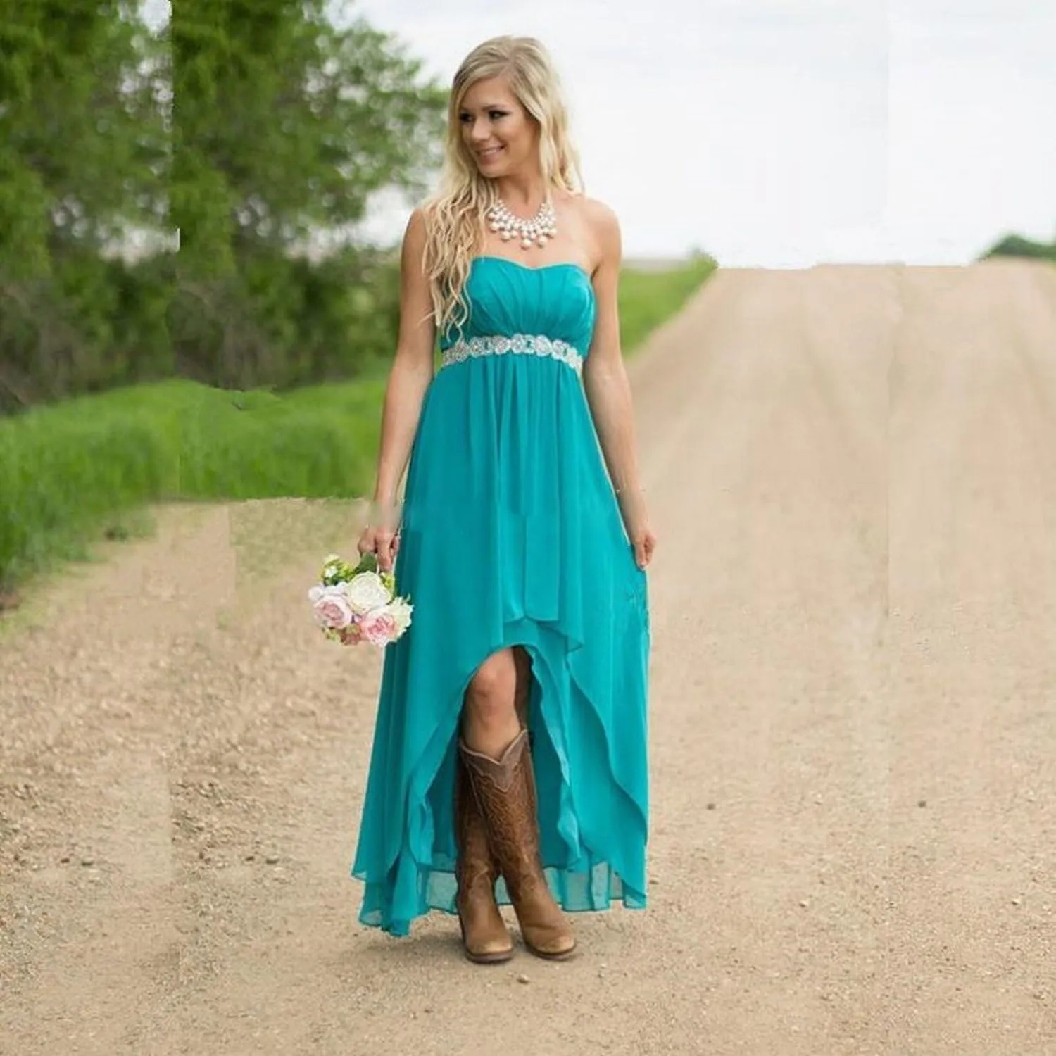 Fanciest Women's Strapless High Low Bridesmaid Dresses Wedding Party Gowns Turquoise