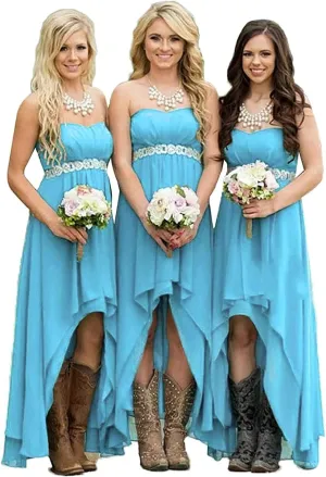 Fanciest Women's Strapless High Low Bridesmaid Dresses Wedding Party Gowns Turquoise