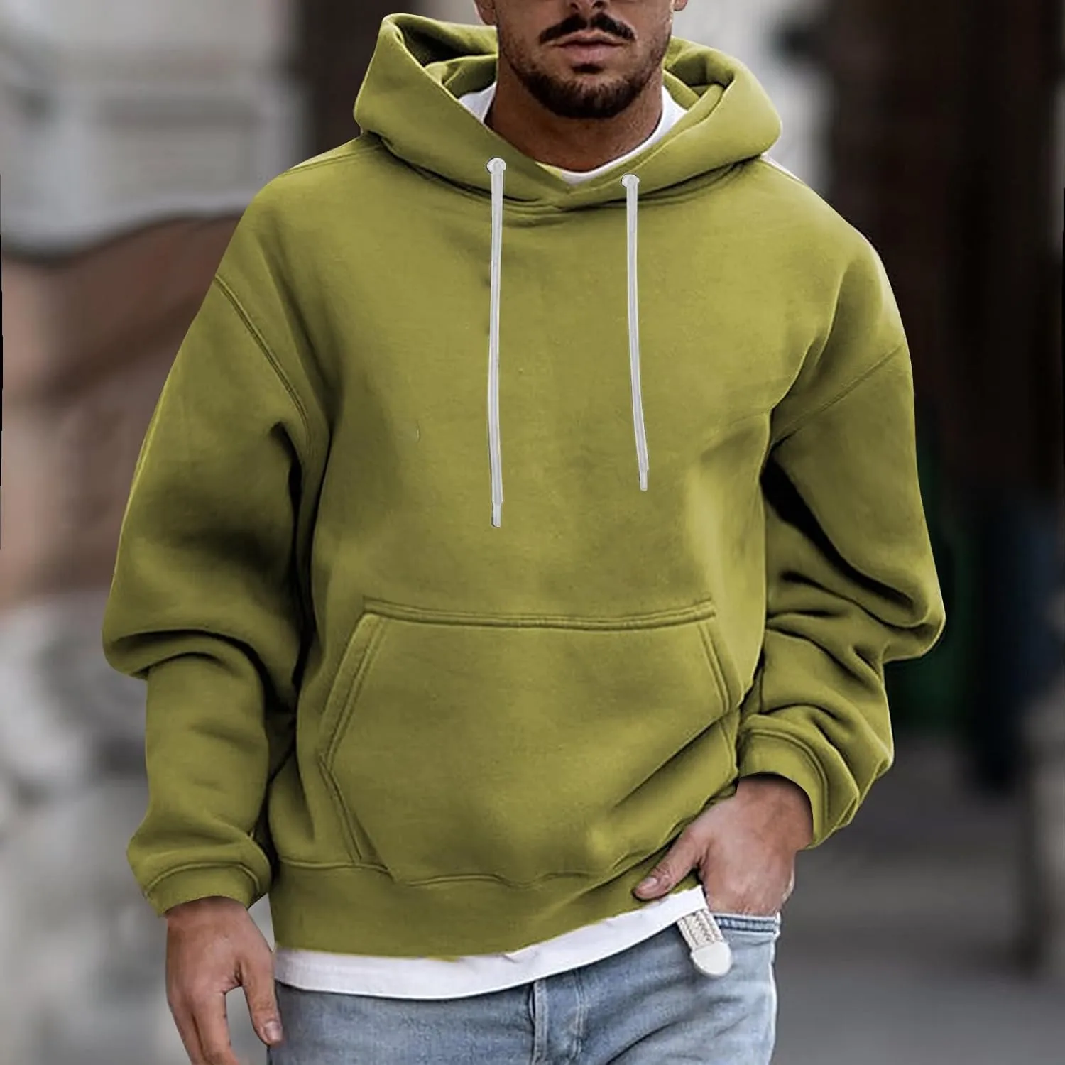 Fashion Hoodies for Men Plus Size Solid Long Sleeve Drawstring Pullover 2024 Fall Winter Hooded Sweatshirts