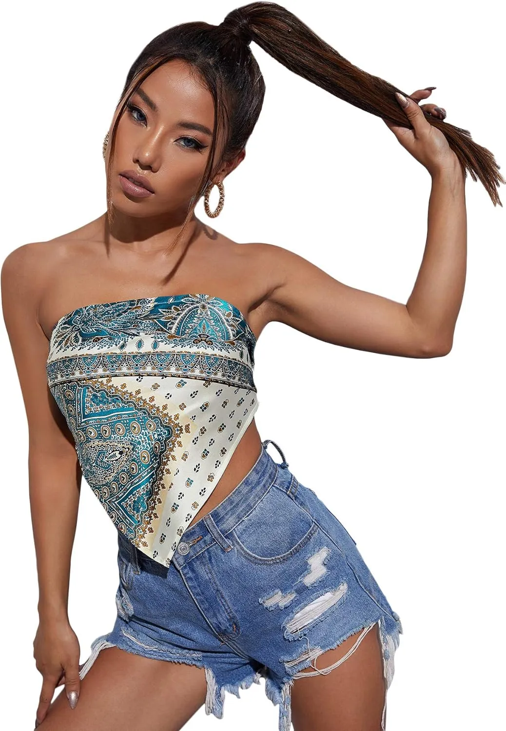 Floerns Women's Graphic Print Tie Back Strapless Bandana Tube Top
