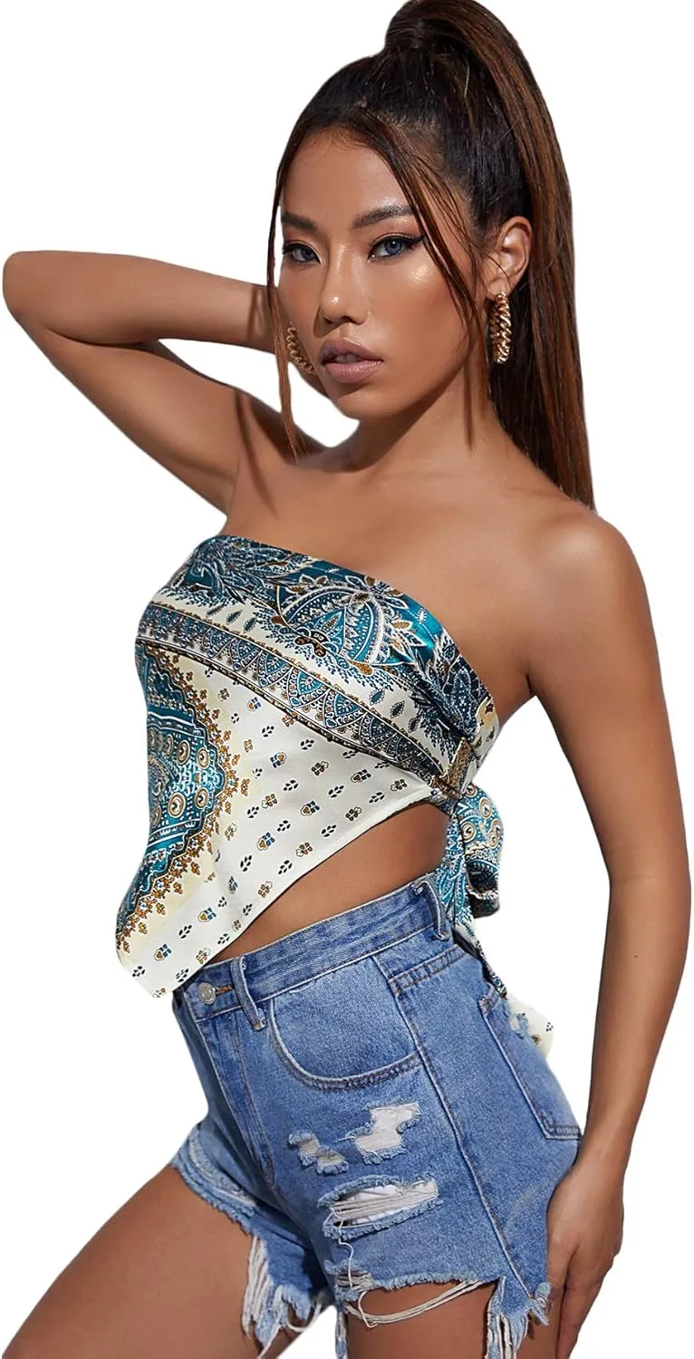 Floerns Women's Graphic Print Tie Back Strapless Bandana Tube Top