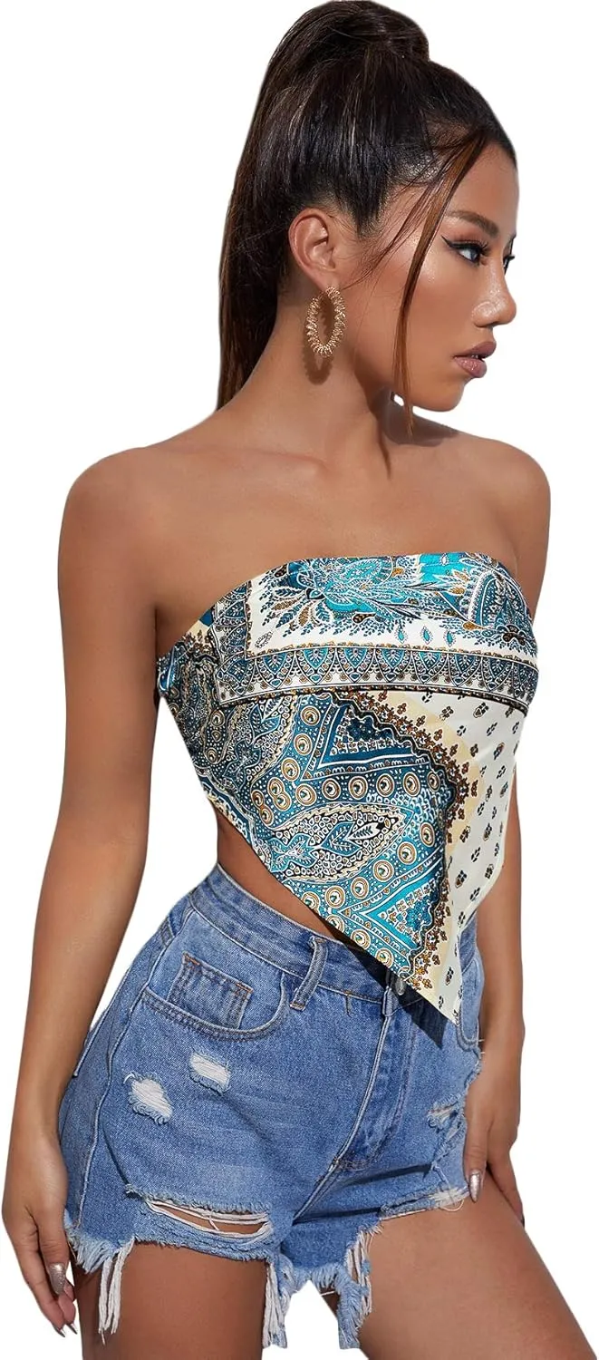 Floerns Women's Graphic Print Tie Back Strapless Bandana Tube Top