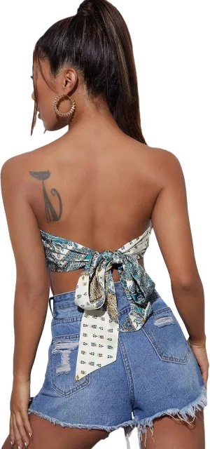 Floerns Women's Graphic Print Tie Back Strapless Bandana Tube Top