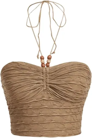 Floerns Women's Tie Backless Sleeveless Ruched Knitted Halter Crop Top