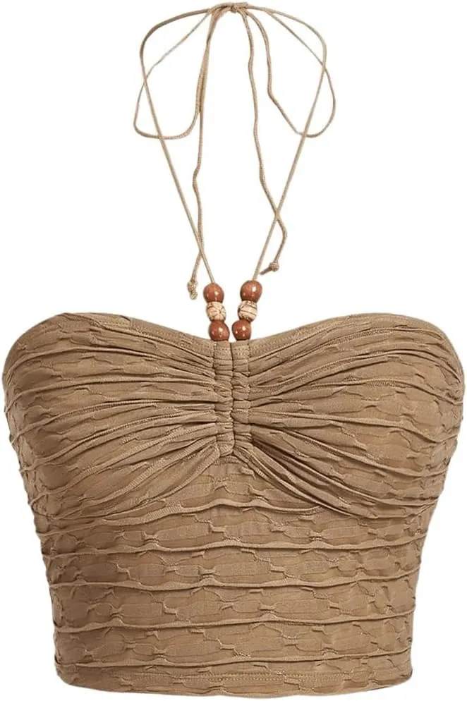 Floerns Women's Tie Backless Sleeveless Ruched Knitted Halter Crop Top