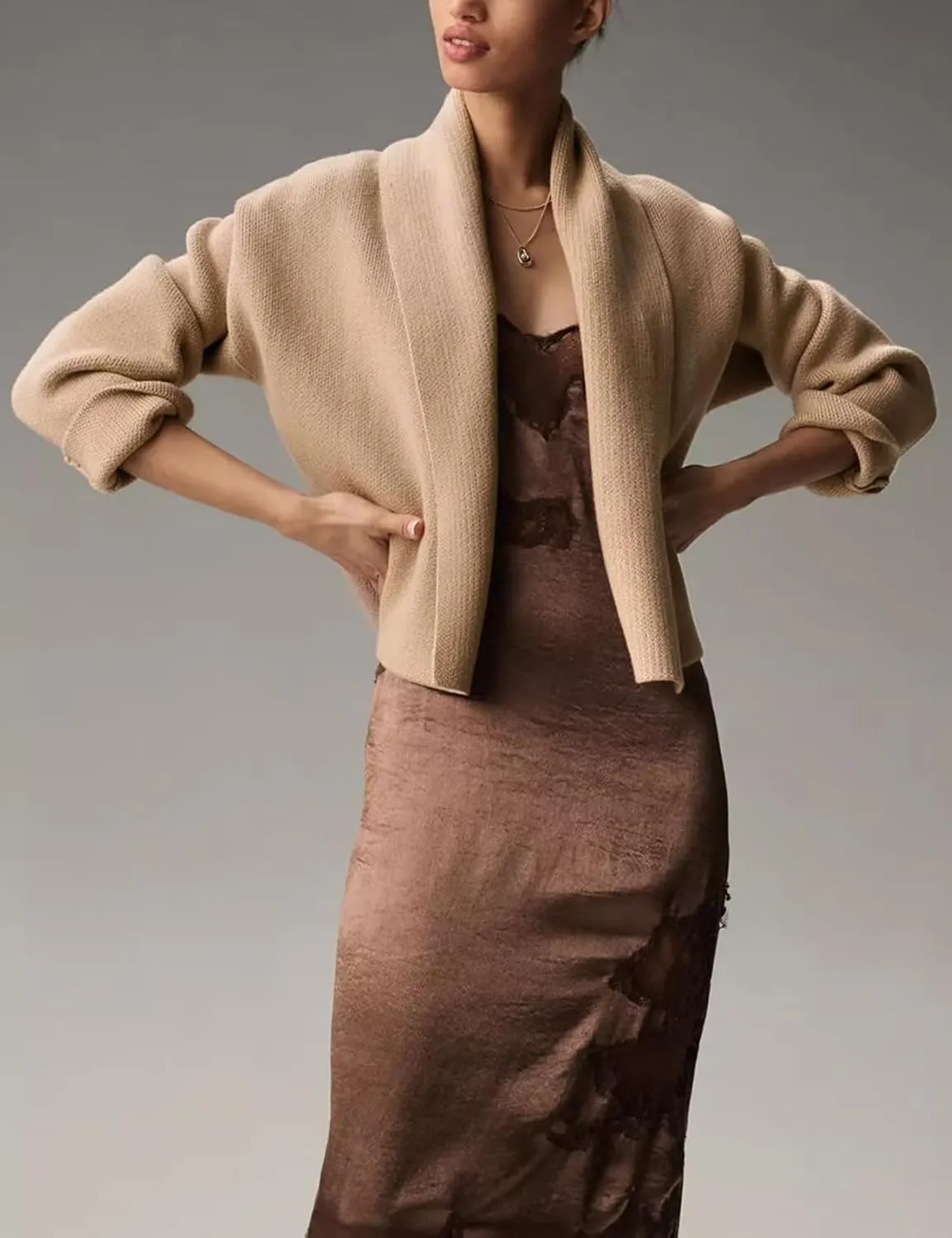 Flygo Women's Cropped Cardigan Sweater Oversized Shawl Lapel 2024 Fall Fashion Open Front Sweater Jacket Knit Outwear