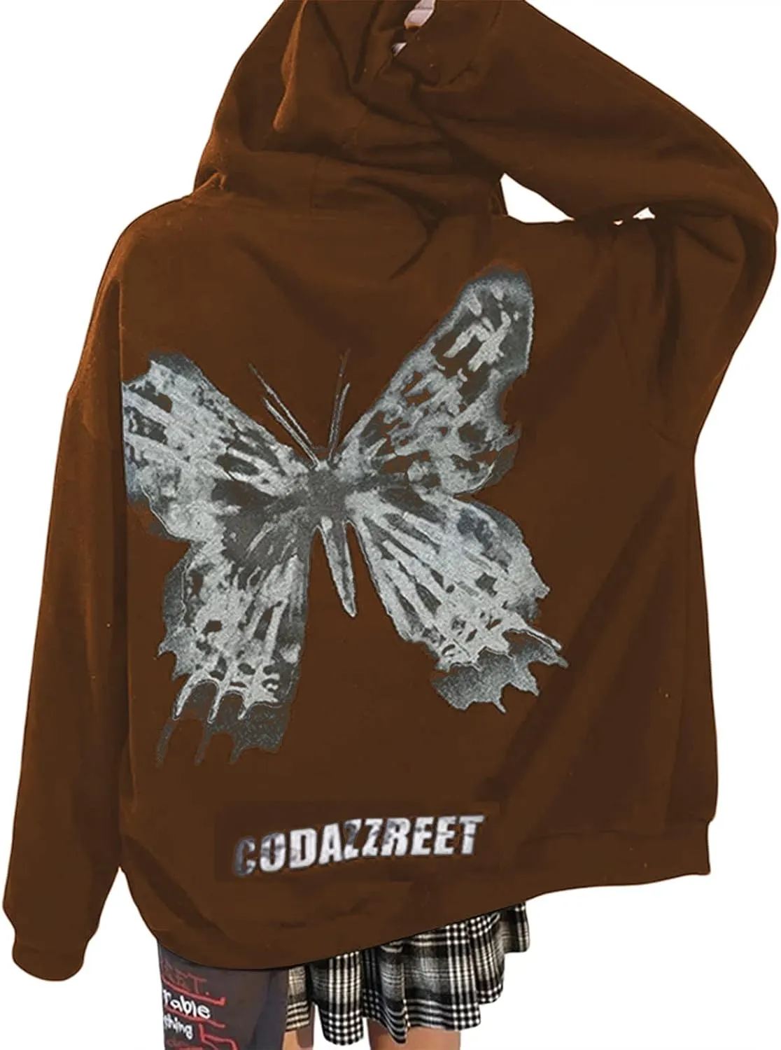 FOMOYUU Women Oversized Zip Up Hoodie Vintage Graphic Print Long Sleeve Hooded Sweatshirt Goth Punk Pullover Jacket Coat