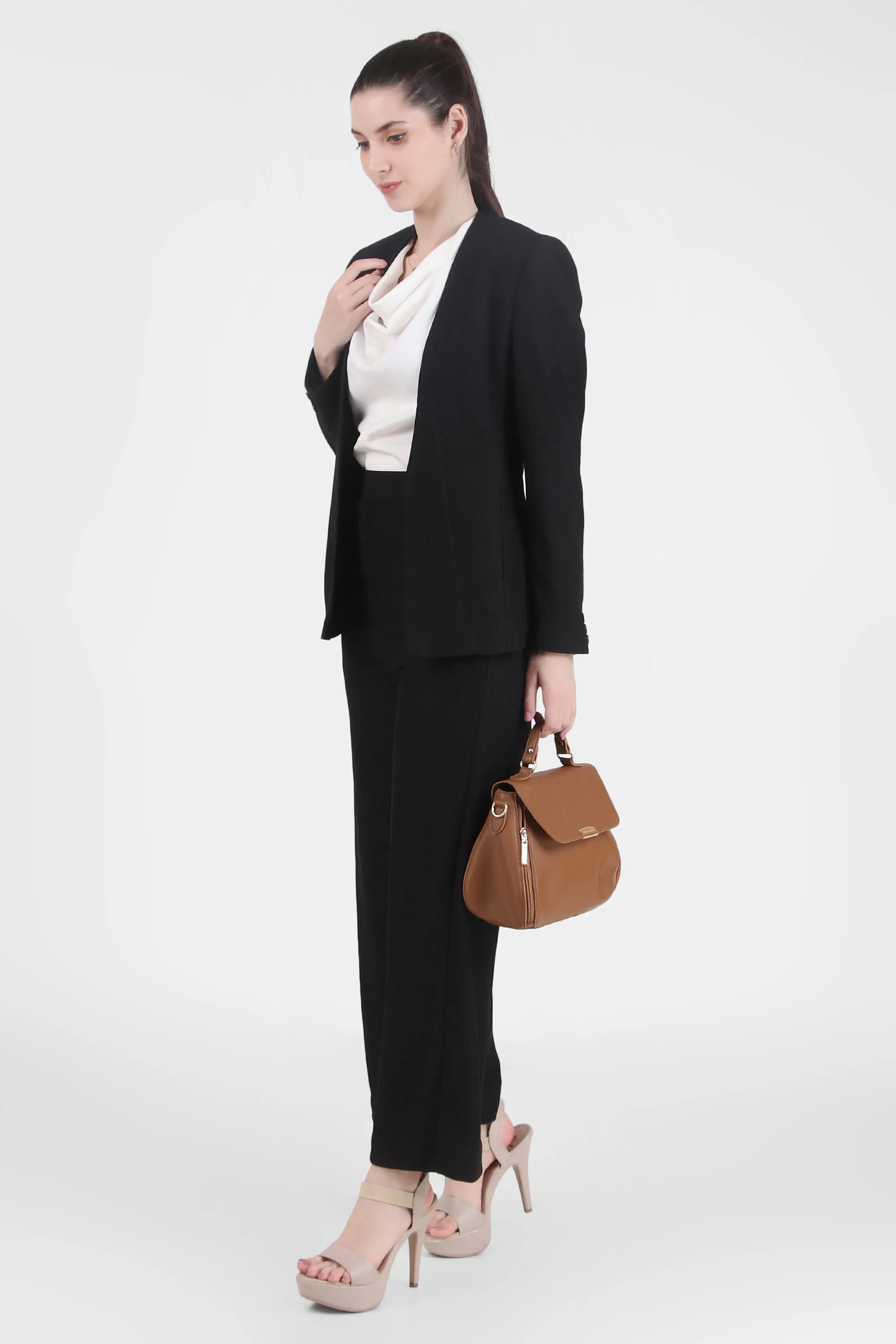 Front Open Style Blazer with Flowing Trousers, Black