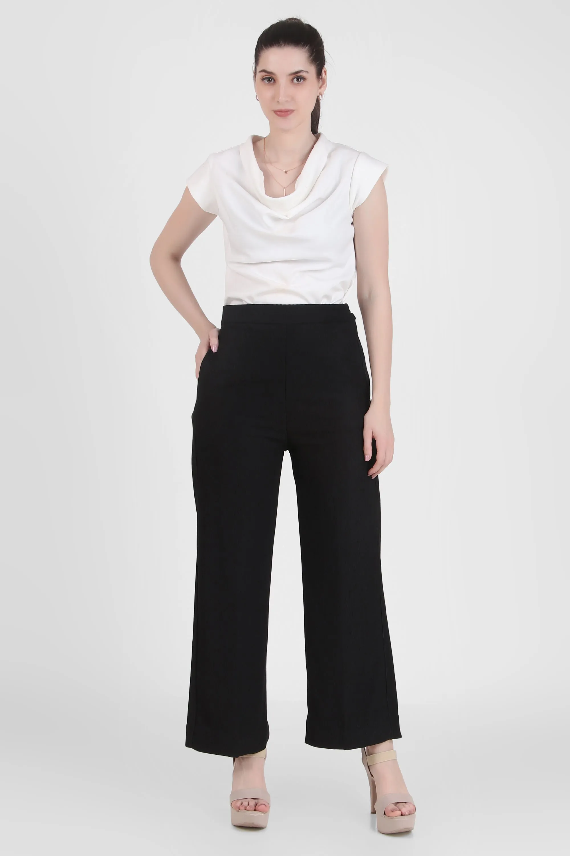 Front Open Style Blazer with Flowing Trousers, Black