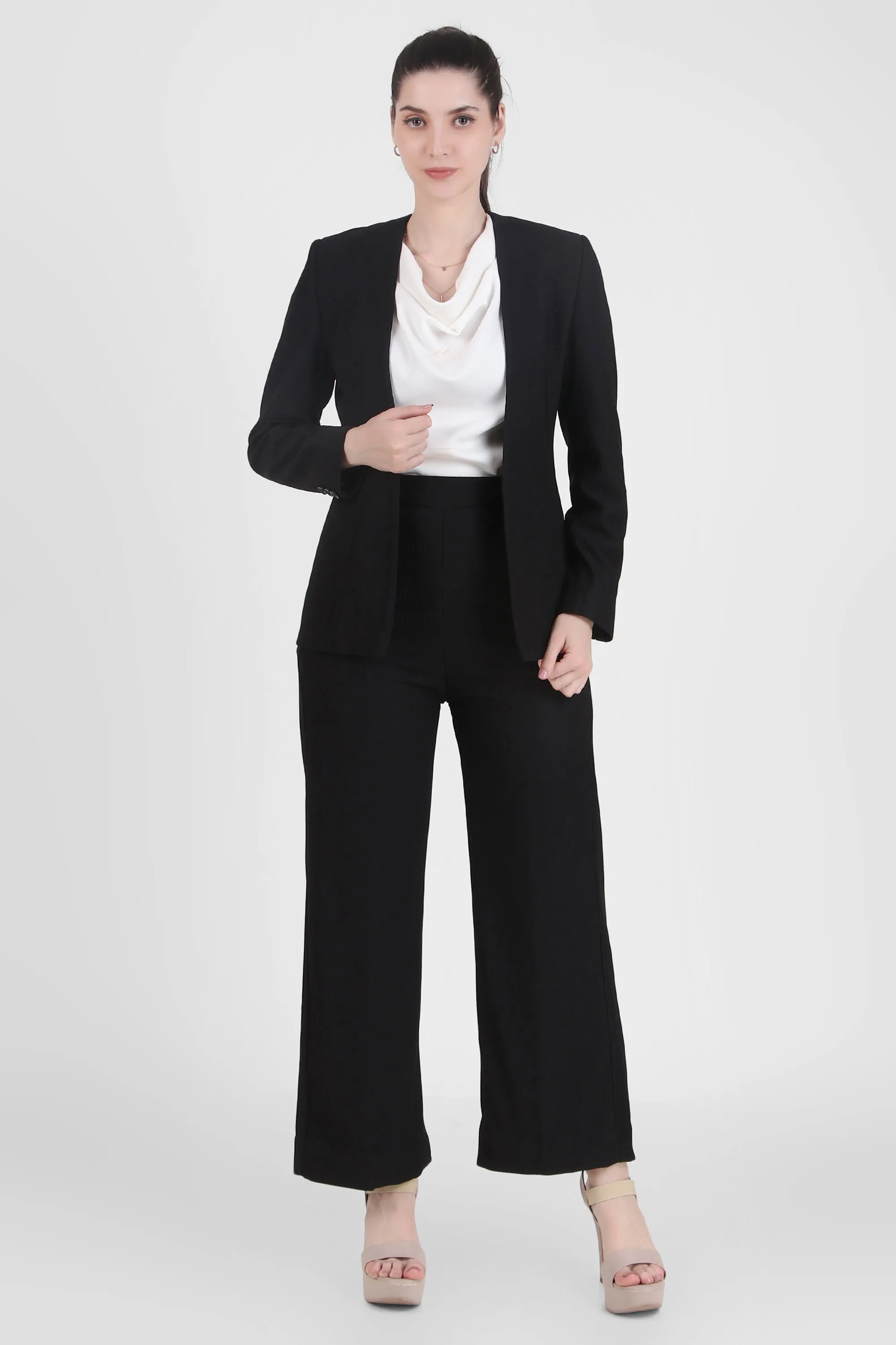 Front Open Style Blazer with Flowing Trousers, Black