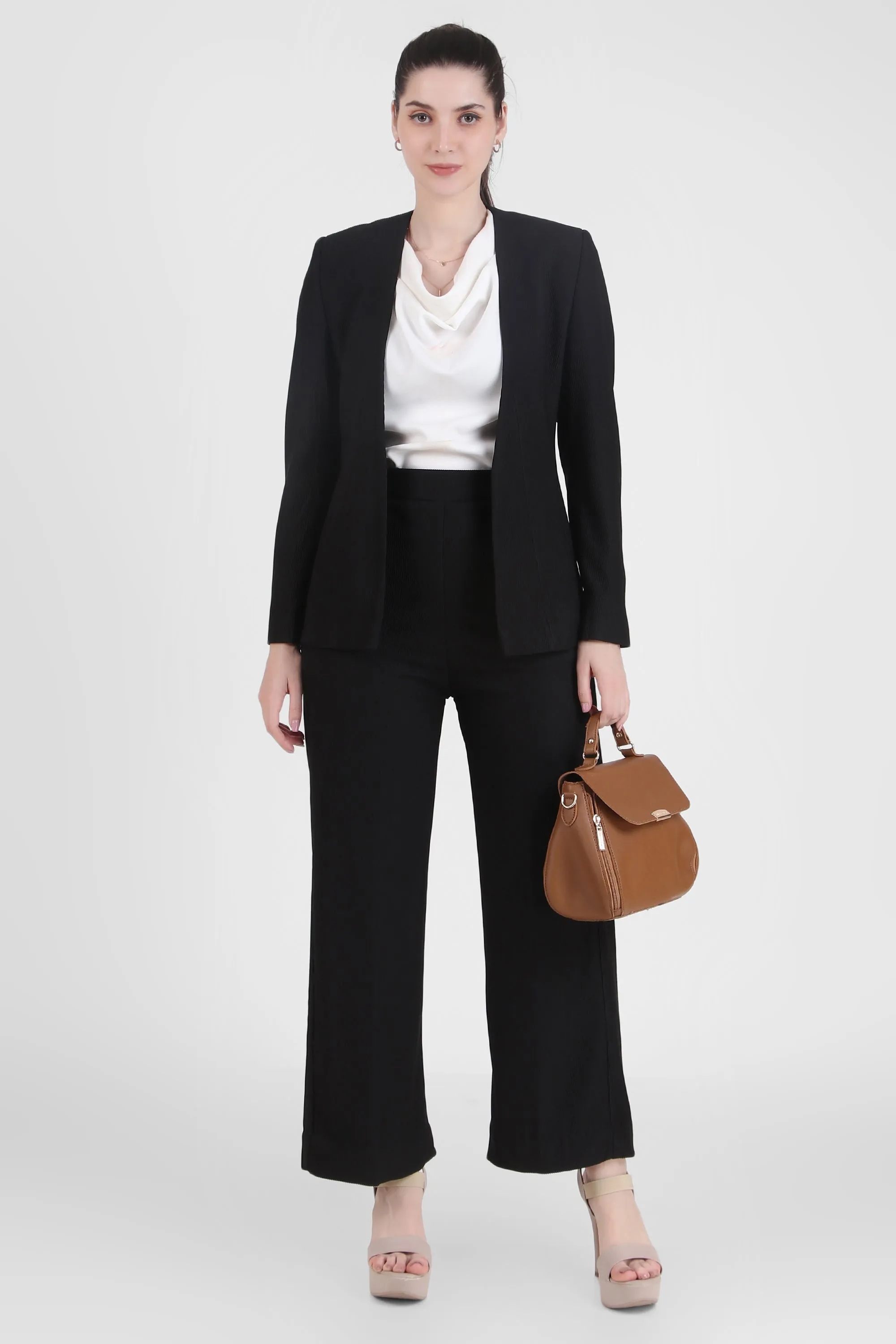 Front Open Style Blazer with Flowing Trousers, Black
