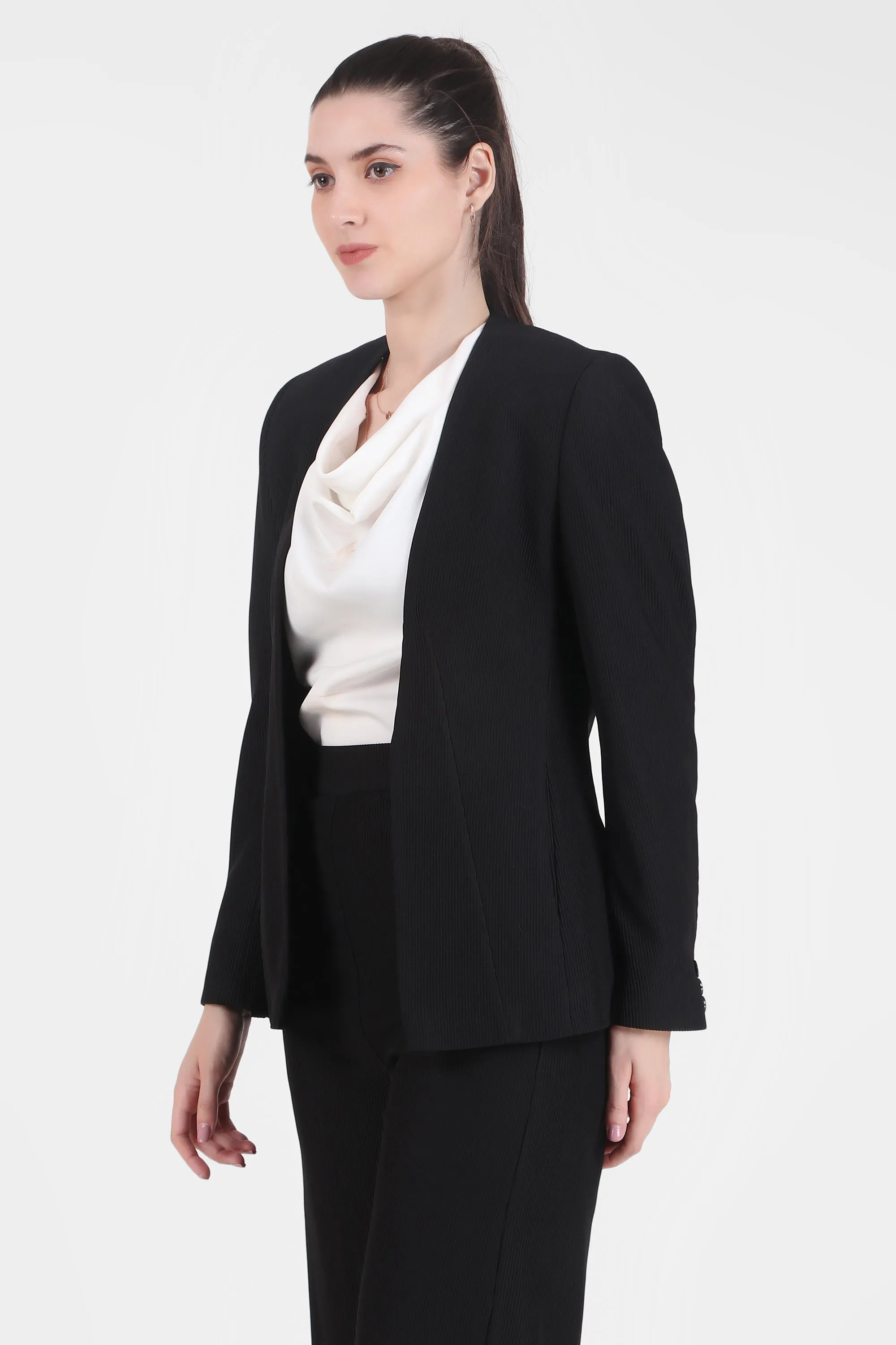 Front Open Style Blazer with Flowing Trousers, Black