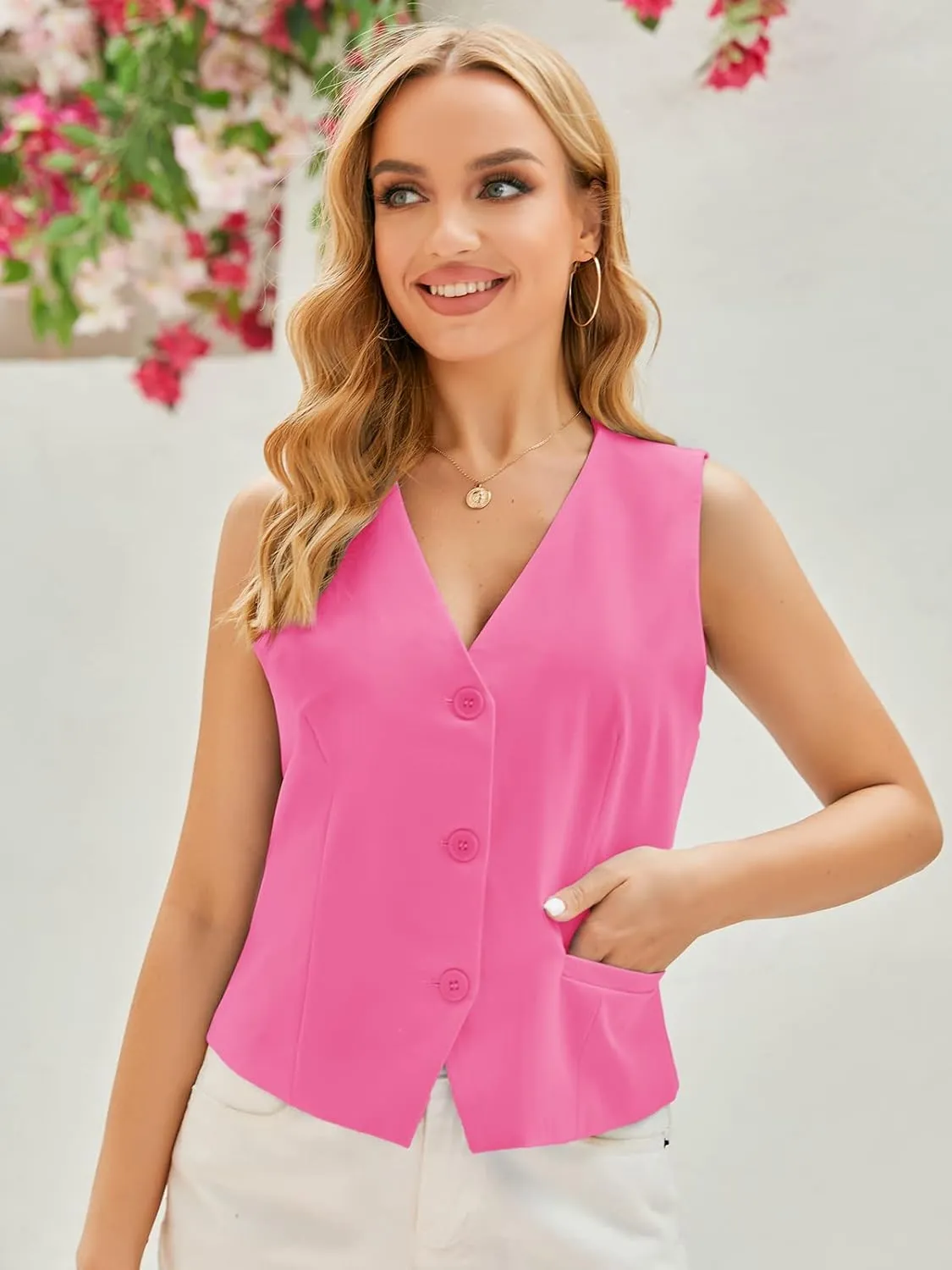 GAMISOTE Women Buttons Vest Crop Vintage Sleeveless V Neck Elastic Chiffon Waistcoat