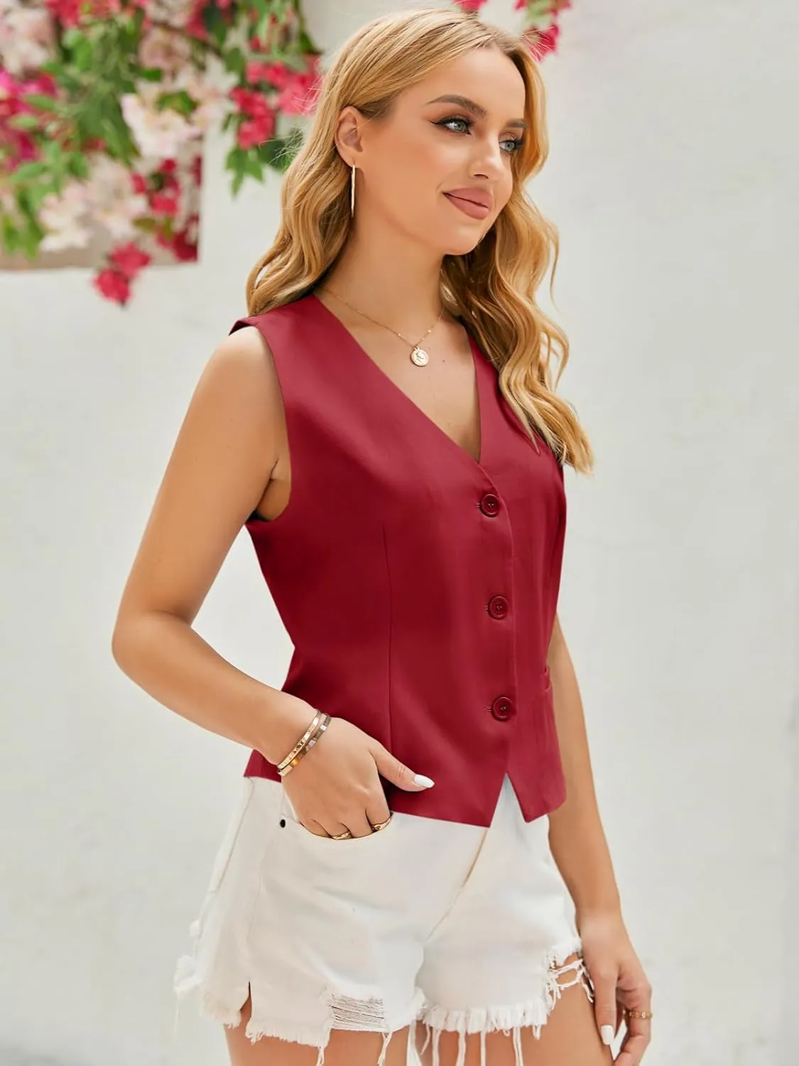 GAMISOTE Women Buttons Vest Crop Vintage Sleeveless V Neck Elastic Chiffon Waistcoat