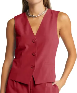 GAMISOTE Women Buttons Vest Crop Vintage Sleeveless V Neck Elastic Chiffon Waistcoat